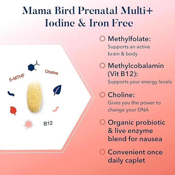 Best Nest Wellness Mama Bird Prenatal Multi Plus Iodine & Iron Free - Prenatal Vitamin for Brain & Digestive Health - Vegan Multivitamin with Methylfolate, Probiotics & More - 30 Caplets w/Gift Bag
