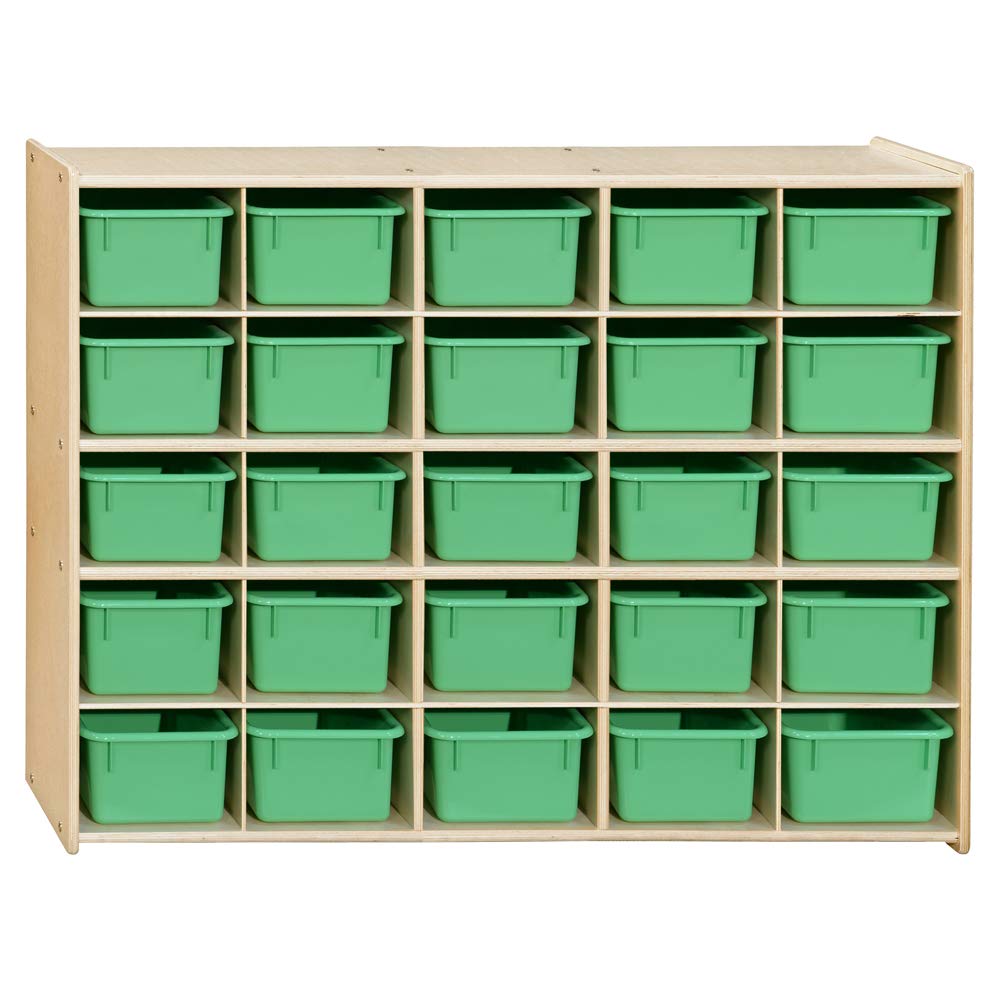 Contender Birch 25 Cubby Tray Cabinet with Lime Green Color Bins, Storage Organizer for Toddlers, Shelving Units for Daycare, Nursery, Homeschool [ Fully Assembled ]