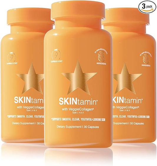 SKINtamin Vegetarian Collagen Pills | Best Collagen Supplements for Women to Support Skin Firmness and Wrinkles | Skin Supplement Formulated to Help Reduce Blemishes (3-Pack)