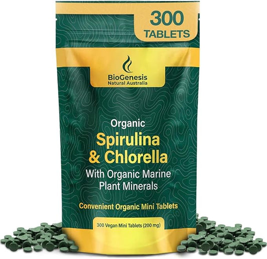 Biogenesis Organic Spirulina, Chlorella & Marine Plant Minerals – 300 Count (200 mg) | Australian Grown Algae Superfood | Support Energy & Immunity | Vegan Mini Tablets