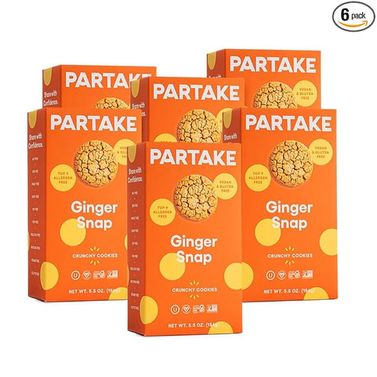 Partake Gluten Free Ginger Snap Crunchy Cookies - Vegan - Free From the Top 9 Allergens Including Dairy, Wheat, Soy, Eggs, & Peanuts - Non GMO - Safe School & Office Snack (6 Pack, 5.5oz Boxes)