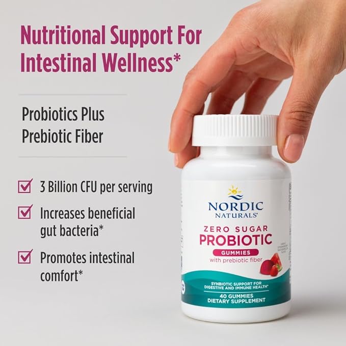 Nordic Naturals Zero Sugar Probiotic Gummies - Strawberry Watermelon Flavor - 40 Gummies - Supports Digestive Wellness & Immune Health - Non-GMO - Third Party Tested - Vegan - 20 Servings