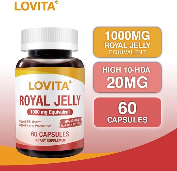 Lovita Royal Jelly 333 mg, 3:1 Concentrate, with 20mg 10-HDA, Natural Source Super Food, Supports Skin Health & Energy Production, 60 Capsules (Pack of 3)