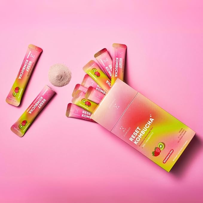 Everydaze Reset Kombucha Tea Powdered Beverage Mix | 10 Sticks | Prebiotics + Probiotics | Vegan | No Added Sugar, Gluten Free, Sparkling Powder Drink Pack (Strawberry Kiwi)