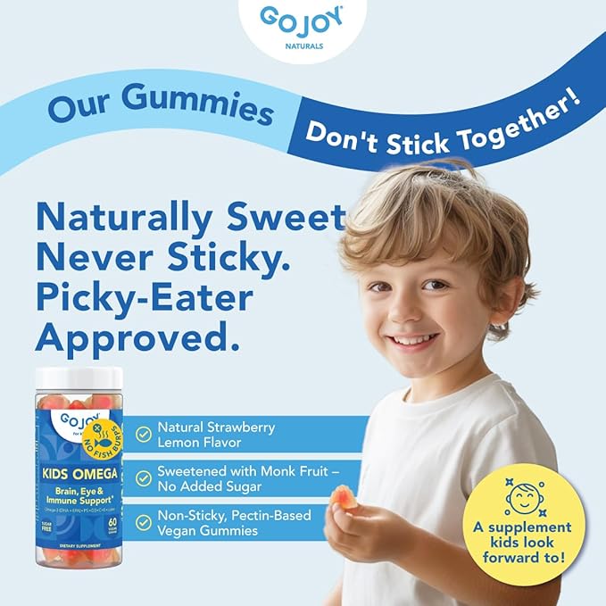 GOJOY Kids Omega 3 DHA Gummies – No Fish Burps, No Sugar – Brain, Eye & Immune Support – Plant-Based Omega-3 from Algae – Vegan, Clean DHA for Toddlers, Children & Kids Ages 3+