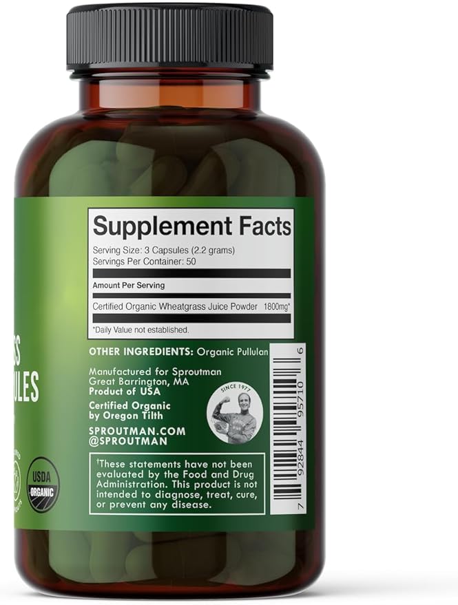 Organic Wheatgrass Juice Powder Capsules by Sproutman - 100% Pure Wheatgrass - Aids Digestion - High in Vitamins, Antioxidants, Chlorophyll, Enzymes, Minerals & Energy (150 Pills)