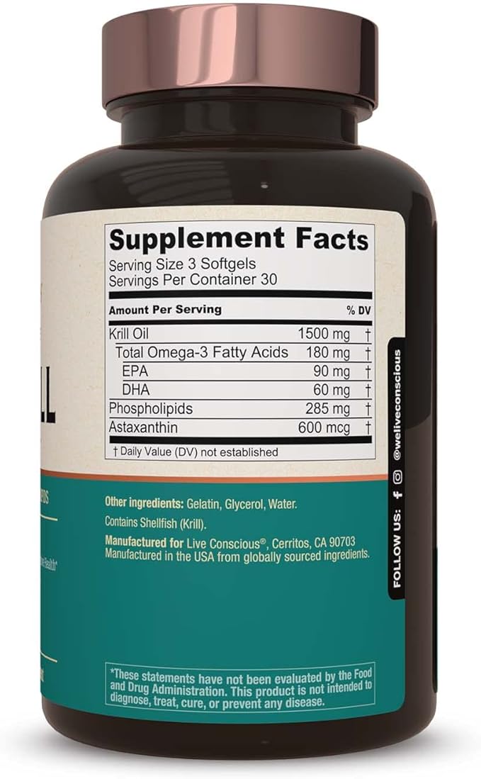Live Conscious KrillWell, Joint, and Cognitive Support | Certified Sustainable Krill Oil 2X More Effective Than Fish Oil - (Pack of 2)