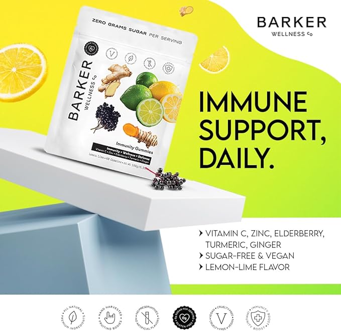 Barker Wellness Immunity Gummies | Vitamin C, Zinc, Elderberry, Turmeric & Ginger | Immune Support | Vegan, Sugar-Free | Lemon Lime Flavor | 60 Gummies