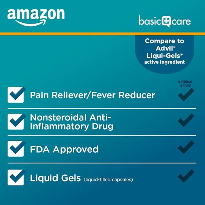 Amazon Basic Care Ibuprofen Liquid Gels 200 mg, Pain Reliever/Fever Reducer Liquid Filled Capsules, For Headache, Toothache, Backache, Menstrual Cramps and More, 160 Count