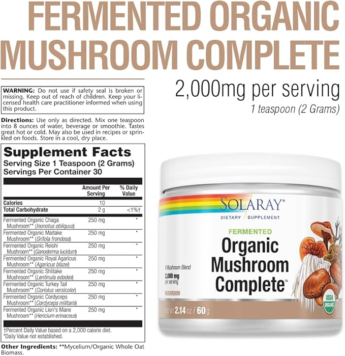 SOLARAY Fermented Organic Mushroom Complete, Powder | Healthy Immune Function Support | 2,000 mg per serv. | 60g, 30 Serv