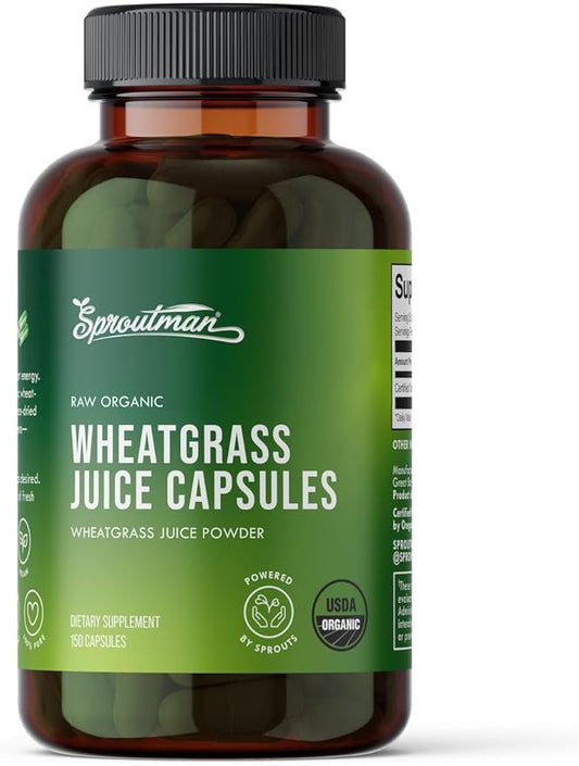 Organic Wheatgrass Juice Powder Capsules by Sproutman - 100% Pure Wheatgrass - Aids Digestion - High in Vitamins, Antioxidants, Chlorophyll, Enzymes, Minerals & Energy (150 Pills)
