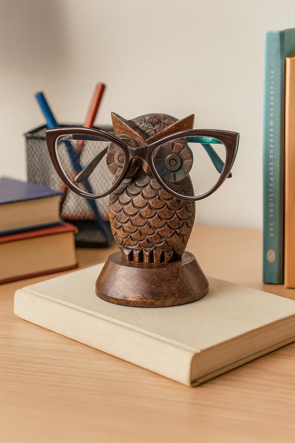 Stocking Stuffers Wooden Owl Glasses Holder Night Stand Reading Eyeglass Retainer White Elephant Gifts for Adults Women Men Him Her Mom Dad Car Christmas Gifts