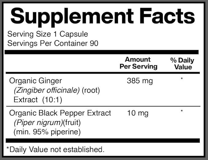 American Standard Supplements Organic Ginger Extract with Organic Black Pepper Extract, Vegan, Gluten Free, Non-GMO, 90 Capsules, 90 Servings