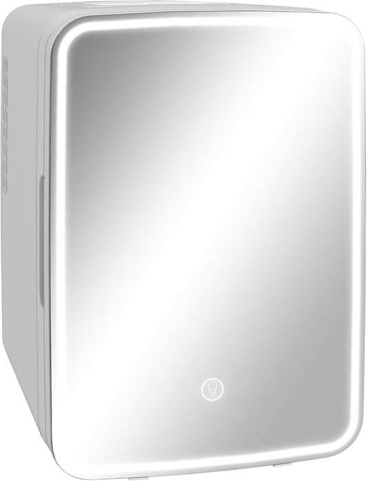 HOMCOM Mini Fridge for Bedroom or Car with Dimmable LED Mirror (10L/8 Can), Cooler and Warmer, Portable Skincare Fridge, AC/DC Powered Small Refrigerator for Skincare, Beverage, Food, Cosmetics, White