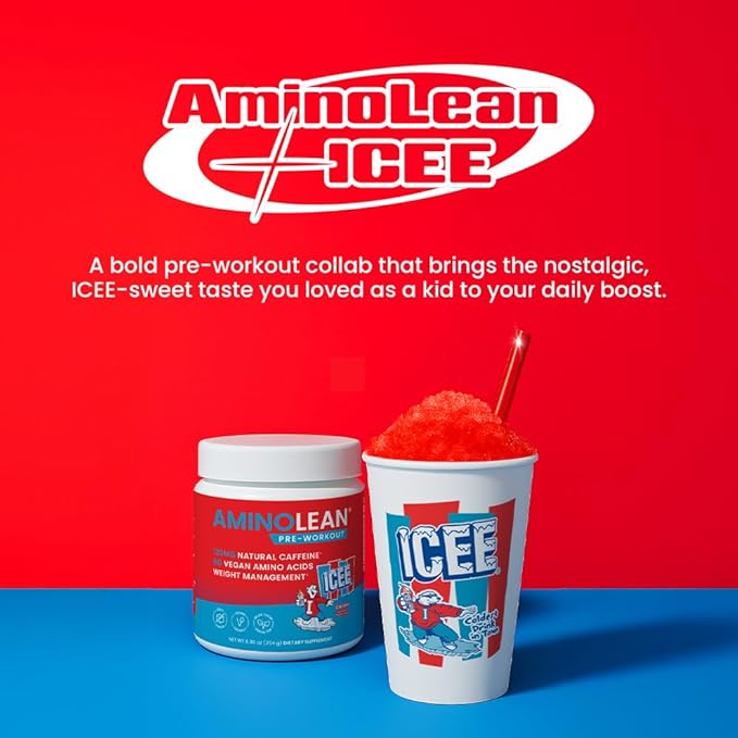 AminoLean x ICEE Pre Workout Powder, Amino Energy with Natural Caffeine from Green Tea, Vegan BCAA Amino Acids, Cherry, 30 Servings