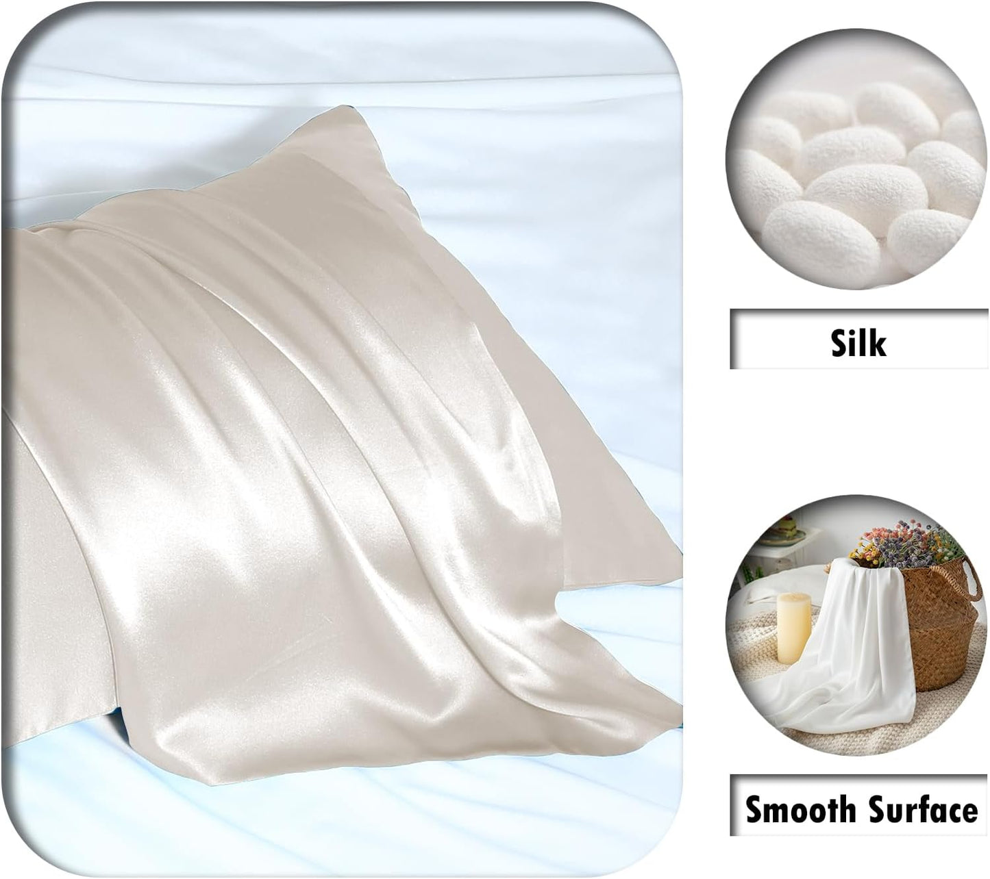 Mulberry Silk Pillow Cases for Hair and Skin King Size Silk Pillowcase with Zipper Soft Breathable Smooth Cooling Satin Silk Pillow Covers for Sleeping (Beige,20"X 36",1Pcs)