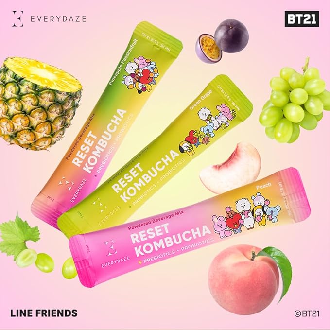 EVERYDAZE BT21 Reset Kombucha Tea Powdered Beverage Mix | 30 Variety Pack | Pineapple Passion Fruit, Peach, Green Grape | Vegan | Prebiotics + Probiotics | No Added Sugar, Low Calorie, Gluten-Free