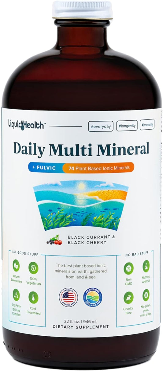 LIQUIDHEALTH Daily Multi Mineral Liquid Supplement with Fulvic Acid, Plant Based Ionic Aquamin Sea Trace Ocean Minerals - Immune Support, Energy, Gut Health, Detox - Made in USA, Vegetarian (32 oz)