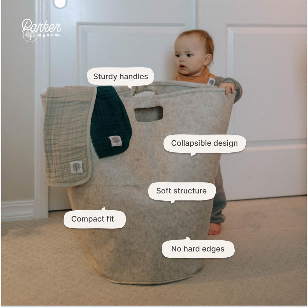 Parker Baby Co. Nursery Laundry Hamper - Large Felt Storage Basket and Baby Hamper for Nursery (White)
