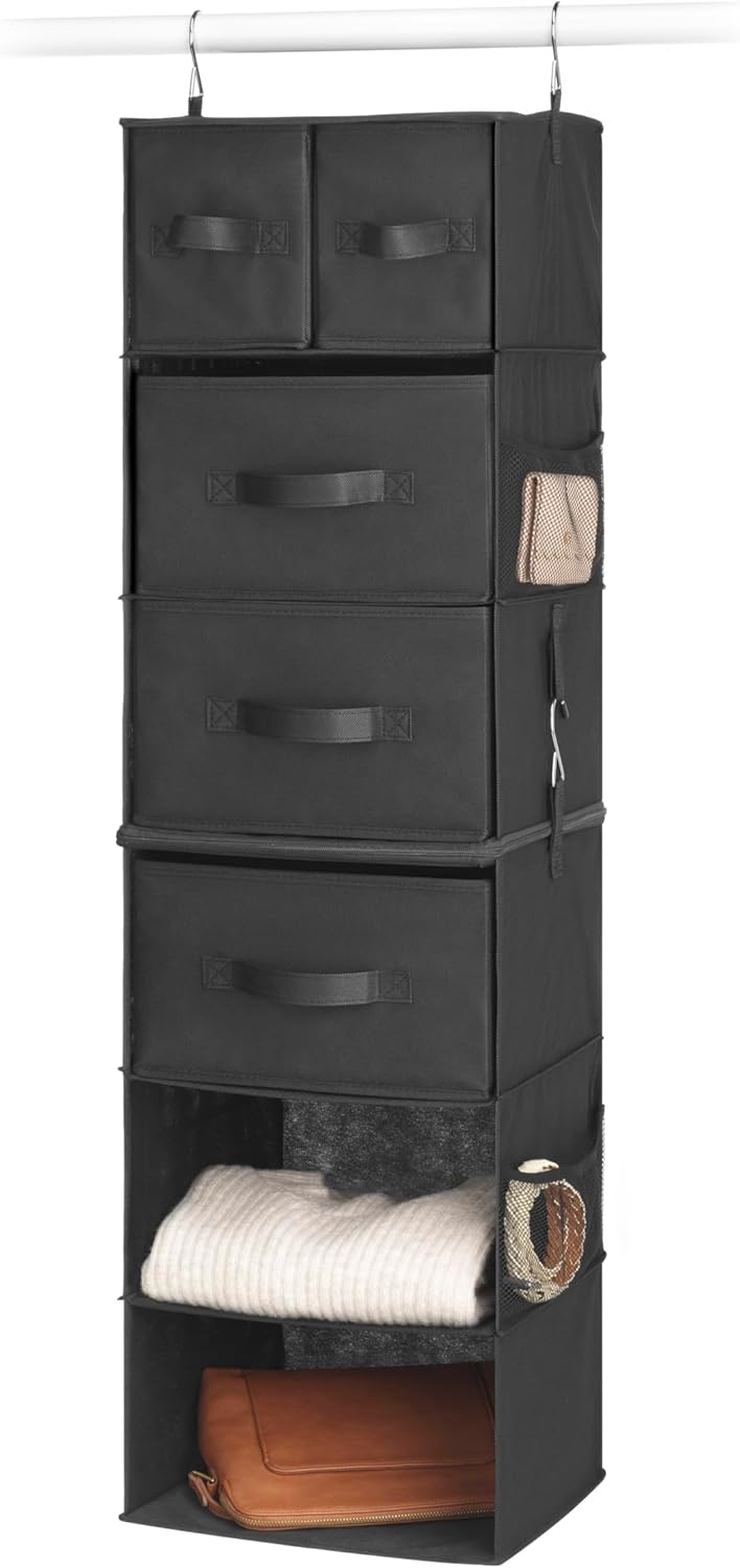 Whitmor Multi-Functional Hanging Organizer with Drawer Inserts- 5 Section - Closet Organizer - Black