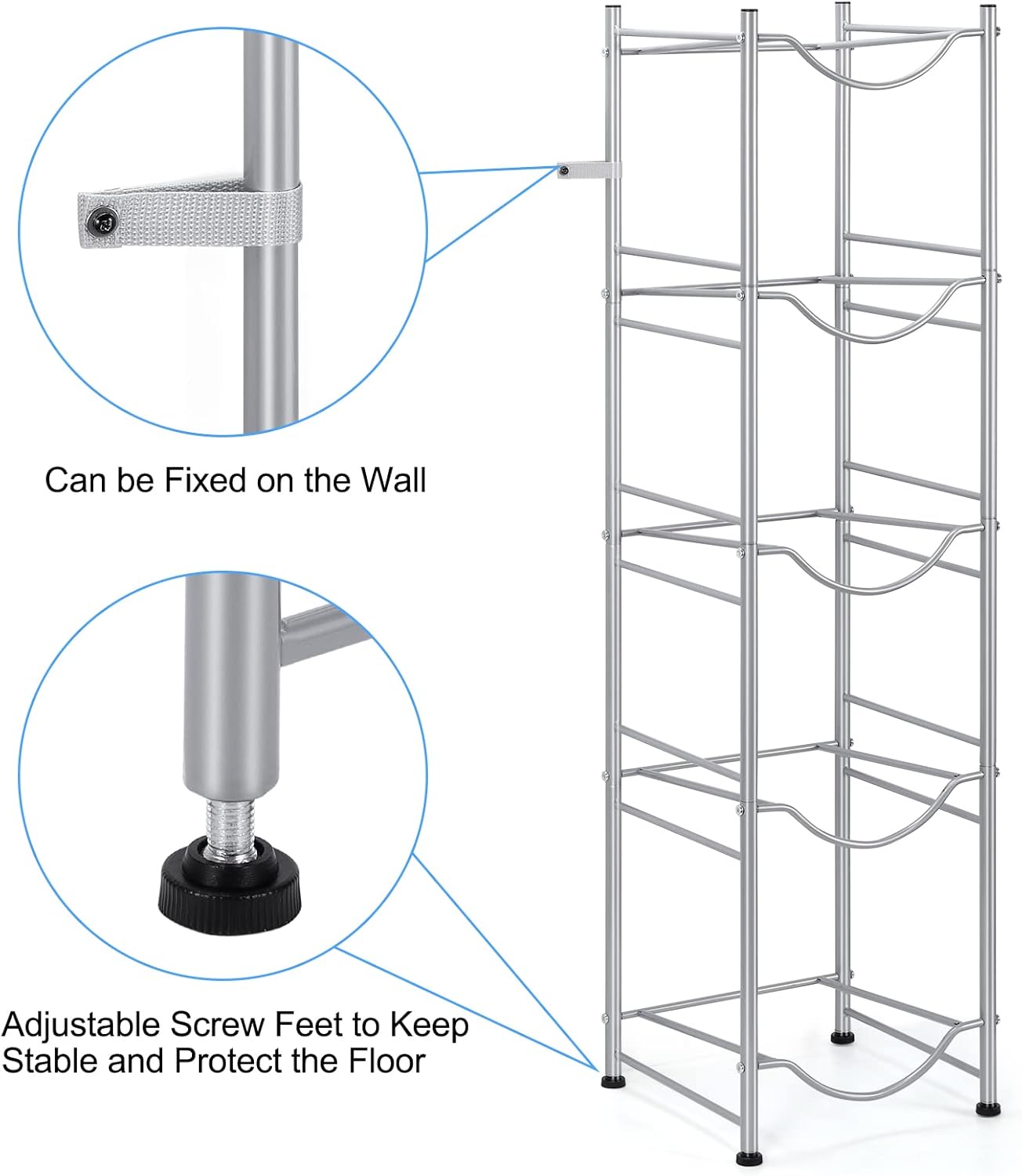 smusei 5 Gallon Water Bottle Holder 5 Tier Detachable Water Cooler Jug Holder, Heavy Duty Water Jug Stand Storage Rack for Home Office Kitchen, Silver