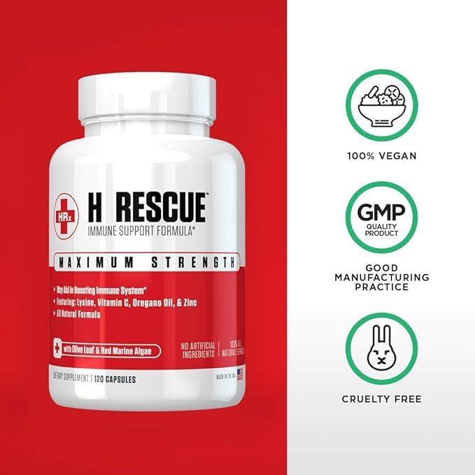 Re+Gen Nutrition H Rescue Immune Support Supplement for Adults, Capsules with Zinc, Vitamin C, L lysine Amino Acid & Oregano Oil for Immunity Health in Men & Women, 120 Capsules