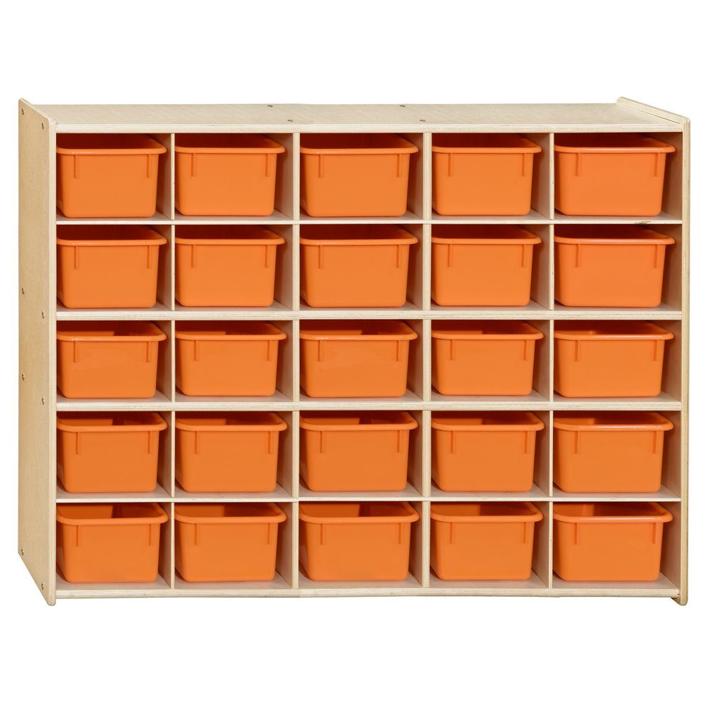 Contender 25 Block Storage Cabinet and Orange Bins, Wooden Toy Organizer, Art, Craft Supply Storage Unit in Natural Finish - Made in U.S.A., Greengaurd Gold Certified