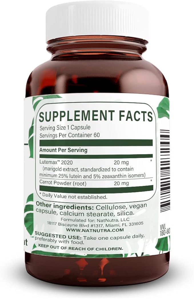 Natural Nutra Lutein and Zeaxanthin Supplement, Helps to Maintain Vision Health & Eye Health, Protects Cell in Eyes, Gluten Free, Enhanced Level of Zeaxanthin & Isomers, Soy Free, 20mg - 60 Capsules