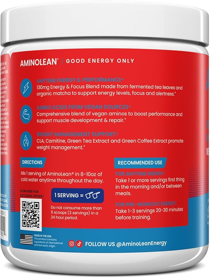 AminoLean x ICEE Pre Workout Powder, Amino Energy with Natural Caffeine from Green Tea, Vegan BCAA Amino Acids, Cherry, 30 Servings