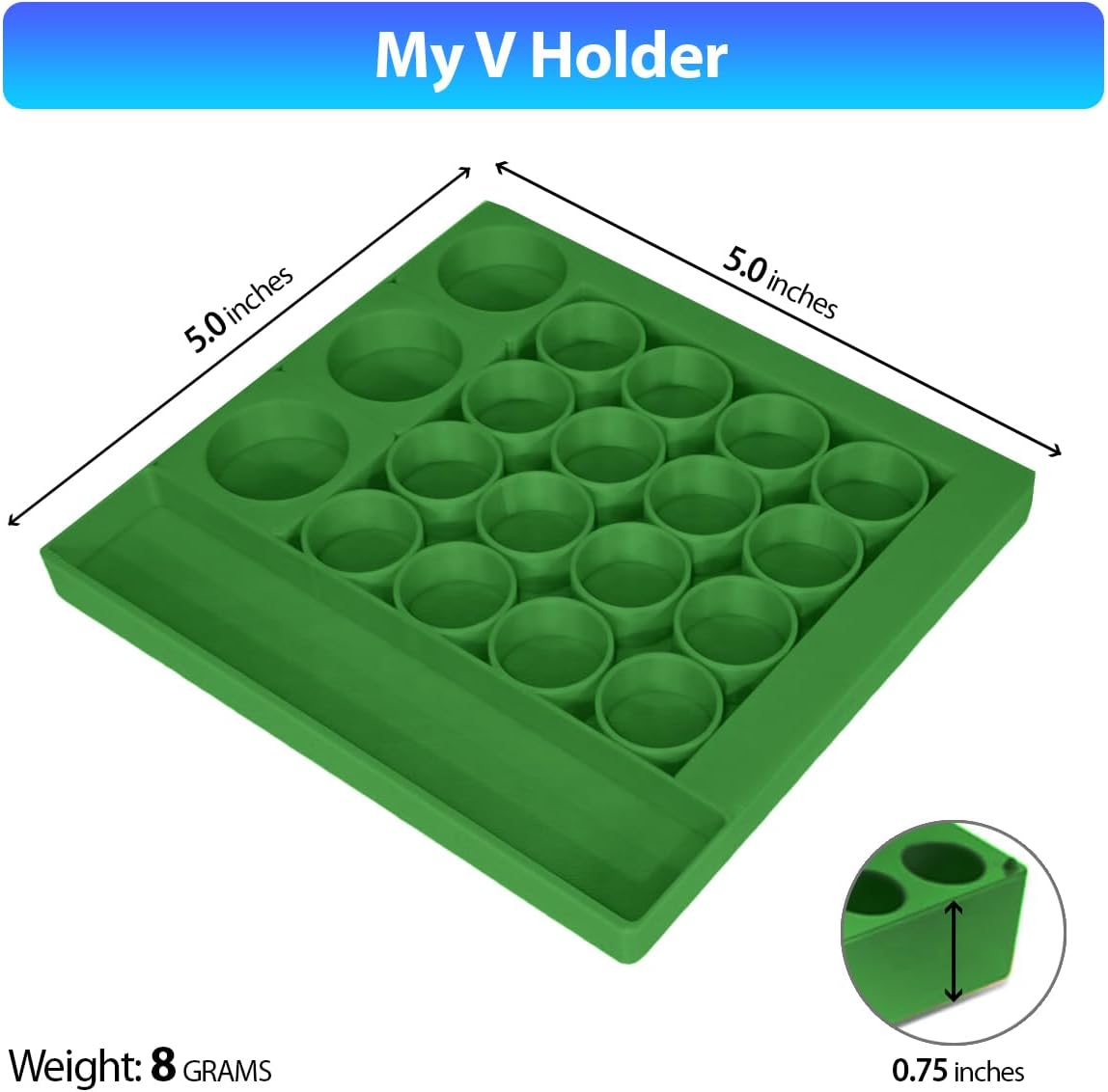 Vial Holder for Refrigerator Use | Home Vial Organizer Tray for Peptide– 5"x5"x0.75", Lightweight (8g) (Green)