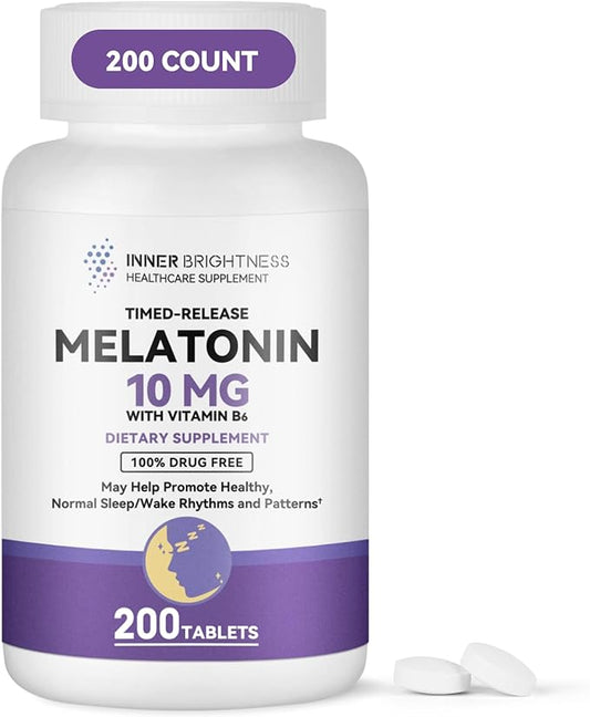 Melatonin 10mg with Vitamin B6 - Sleep Support Supplement for Adults, 200 Tablets Timed-Release Melatonin– Non-Habit Forming, Gluten-Free