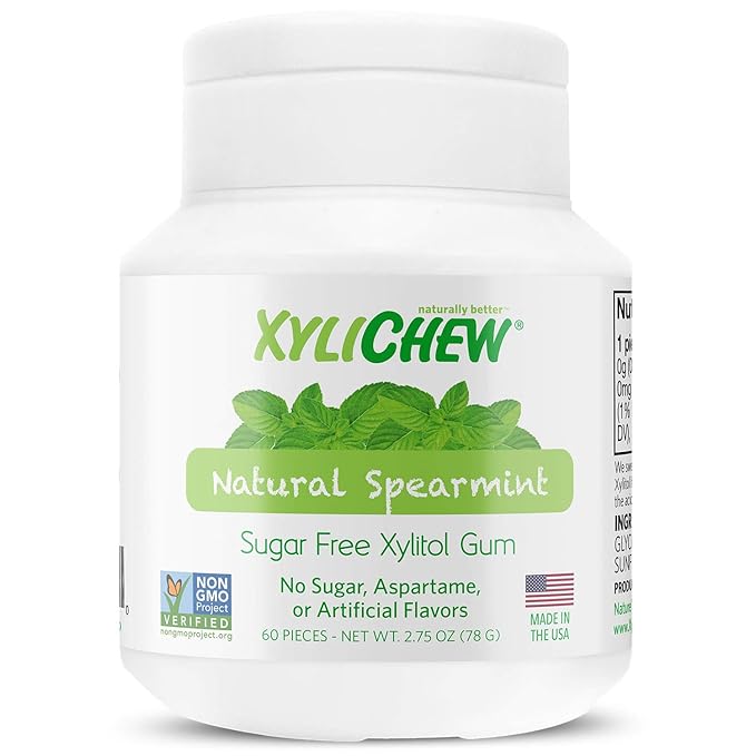 Xylichew 100% Xylitol Chewing Gum - Non GMO, Non Aspartame, Gluten Free, and Sugar Free Gum - Natural Oral Care, Relieves Bad Breath and Dry Mouth - Spearmint, 60 Count