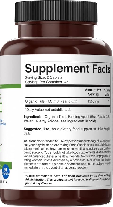 Brieofood Organic Tulsi (Holy Basil) 1500mg, 45 Servings, Vegetarian, Gluten Free, 90 Vegetarian Tablets