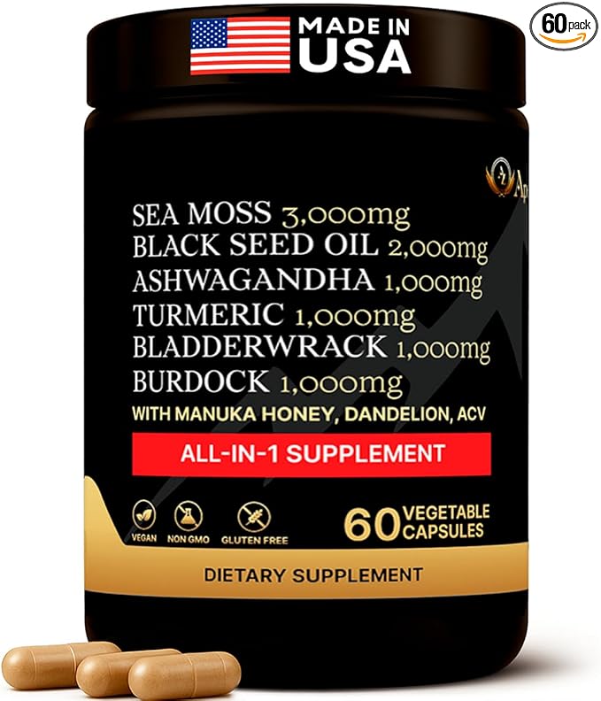Sea Moss Capsules - Health Supplements - True Seamoss Black Seed Oil Ashwagandha Burdock Root, Tumeric Supplement with Manuka Honey, Dandelion Root ACV - 60 Capsules