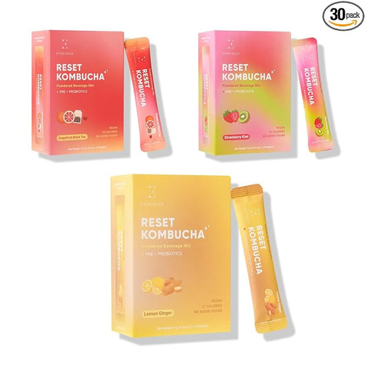 EVERYDAZE Reset Kombucha Tea Powdered Beverage Mix | 30 Pack (3 x 10ct) | Prebiotics + Probiotics | Vegan | No Added Sugar, Low Calorie, Gluten-Free, Sparkling Powder Drink (Strawberry Kiwi, Grapefruit Black Tea, Lemon Ginger)
