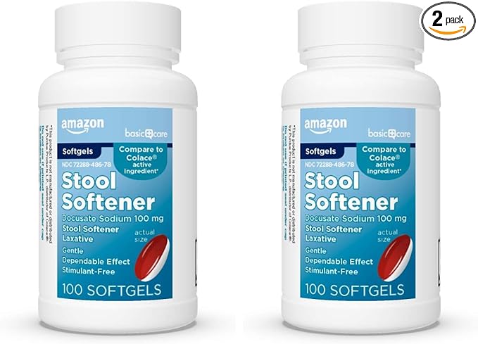 Amazon Basic Care Stool Softener Laxative, Docusate Sodium 100 mg, Softgels, for Constipation Relief, 100 Count (Pack of 2)