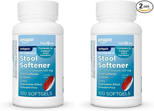 Amazon Basic Care Stool Softener Laxative, Docusate Sodium 100 mg, Softgels, for Constipation Relief, 100 Count (Pack of 2)
