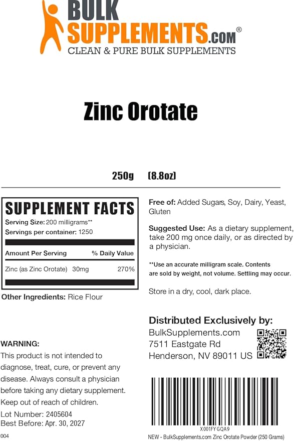 BulkSupplements.com Zinc Orotate Powder - Zinc Minerals Supplement, for Immune Support - Gluten Free, 200mg per Serving, 250g (8.8 oz) (Pack of 1)