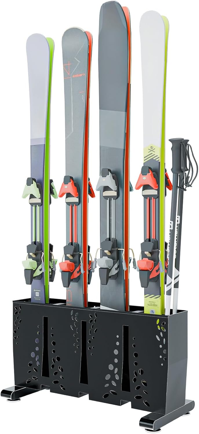 Ski Storage Rack for Garage, 4 Pair Heavy Duty Steel Freestanding Ski Storage Organizer, Indoor Ski Holder Racks for Home and Garage Storage