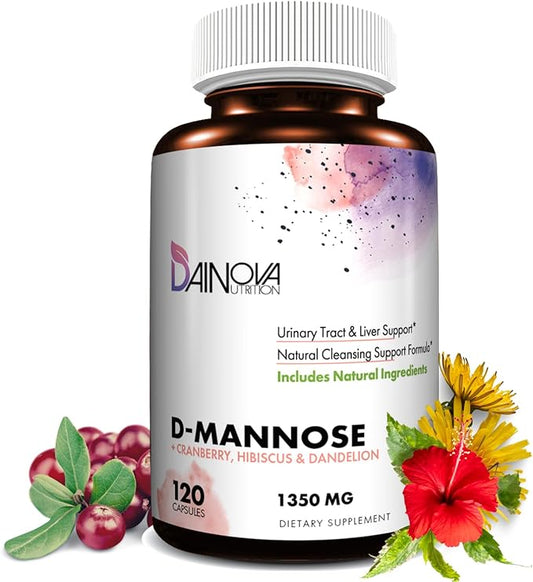 Dainova D Mannose 1350mg with Cranberry I D-Mannose Capsules for UTI Prevention, Urinary Tract Support, Urinary Tract Health for Women, & Cleanse. W/Hibiscus & Dandelion, 120 Veggie Capsules