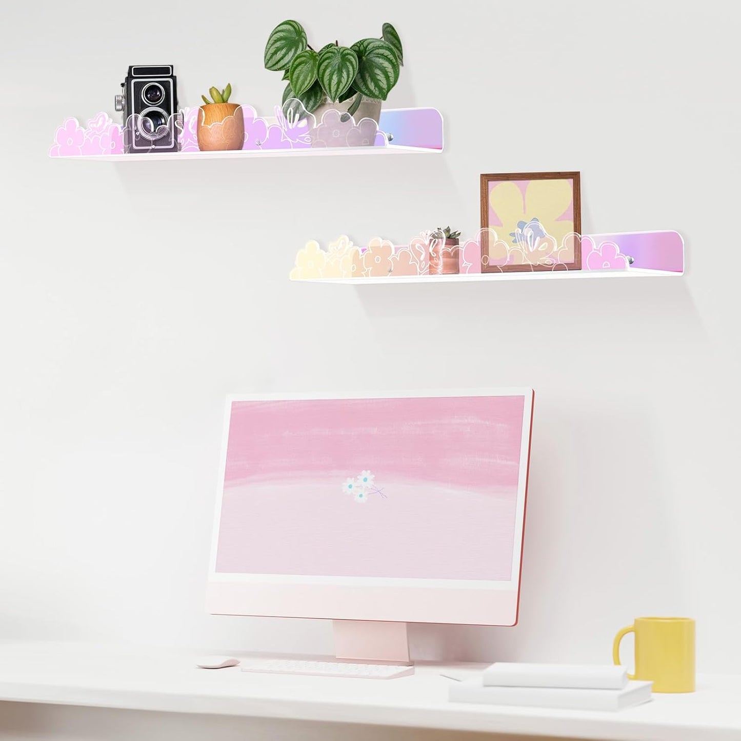 Floating Shelves for Wall,4 Pack 15.7’’x 3.5’’Adhesive Acrylic Shelves Organizer for Book Toy Photo Makeup,Wall-Mounted Kids Storage for Bathroom,Bedroom,Nursery,Iridescent Butterfly