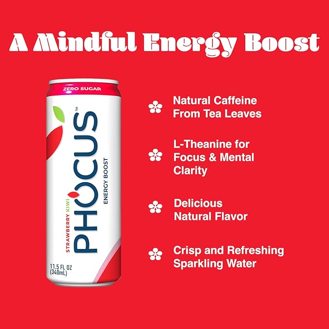 PHOCUS Caffeinated Sparkling Water, Strawberry Kiwi, 75mg Natural Caffeine Plus L-Theanine, Zero Sugar, Zero Calories, No Artificial Sweeteners, 11.5 fl oz Cans (Pack of 12)