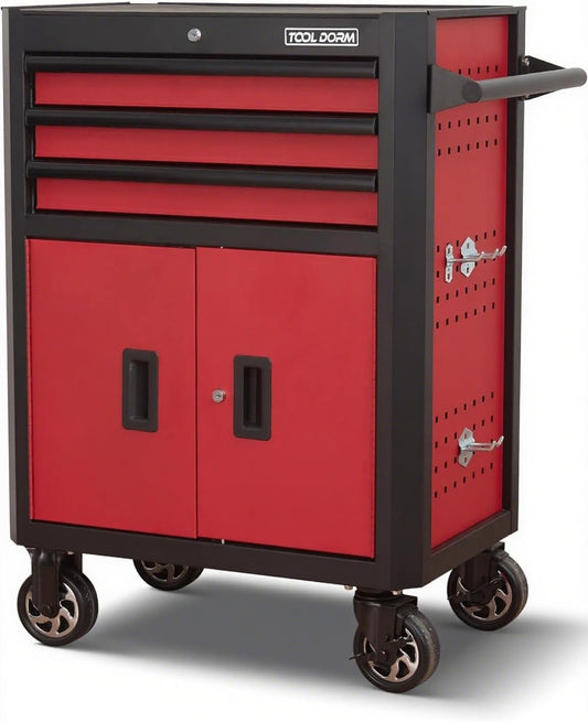 Rolling Tool Chest with Locking Wheels - Tool Box with 3 Drawers & 1 Big Tool Cabinet with 2 Door, 18.5" D x 28" W x 40" H Mobile Tool Storage Cabinet, Heavy-Duty Garage Organizer w/Ergonomic Handle
