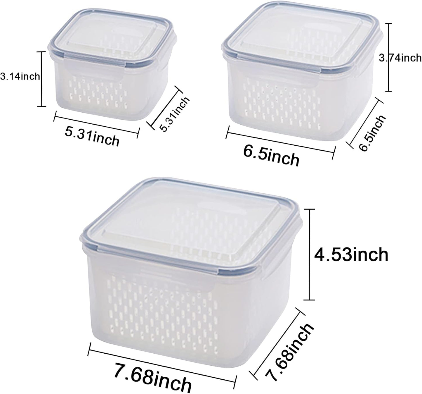 3Pack Fridge Food Storage Container Set with Lids with Strainer, Fruit Vegetable Storage Containers Keep Fruits, Vegetables, Berry, Meat Fresh longer, BPA-Free Plastic Produce Keepers