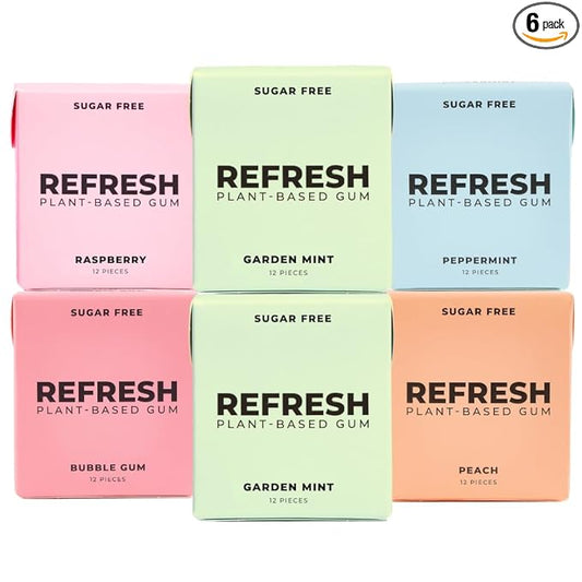 Refresh Gum, Xylitol, Natural, Sugar Free, Aspartame Free, Plastic Free, Organic Ingredients, Non GMO, Peppermint, Garden Mint, Bubble Gum, Peach & Raspberry Variety Pack, 12 Pcs, 6 Pack