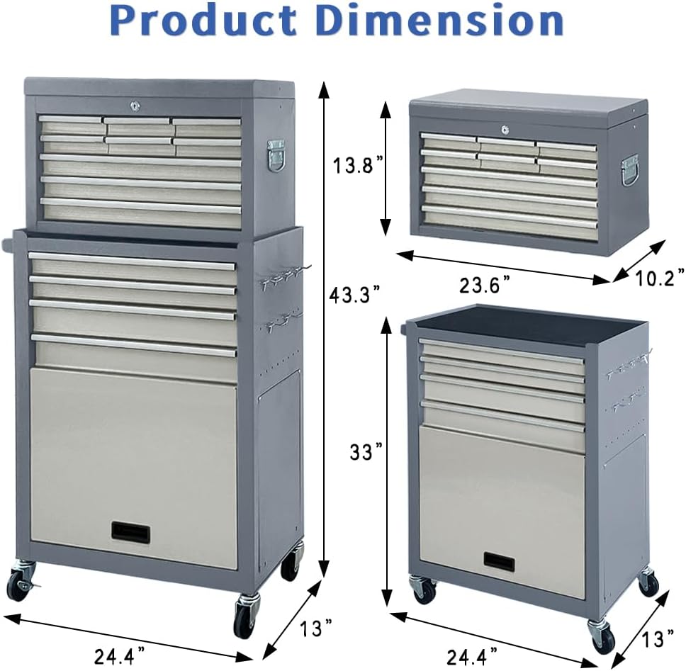 13-Drawer Rolling Tool Chest, 2 in 1 Detachable Tool Chest,Tool Box with Drawers and Wheels, Large Tool Cabinet with Lock, Metal Standing Toolbox for Garage Workshop-Gray&White