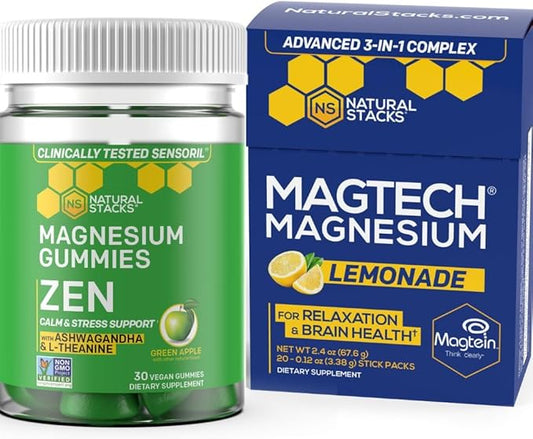 NATURAL STACKS Magtech Magnesium Drink Mix + Zen Magnesium Gummies Bundle - 4 Forms of Magnesium - Calm & Stress Support* Supports Brain Health* - 35 Servings