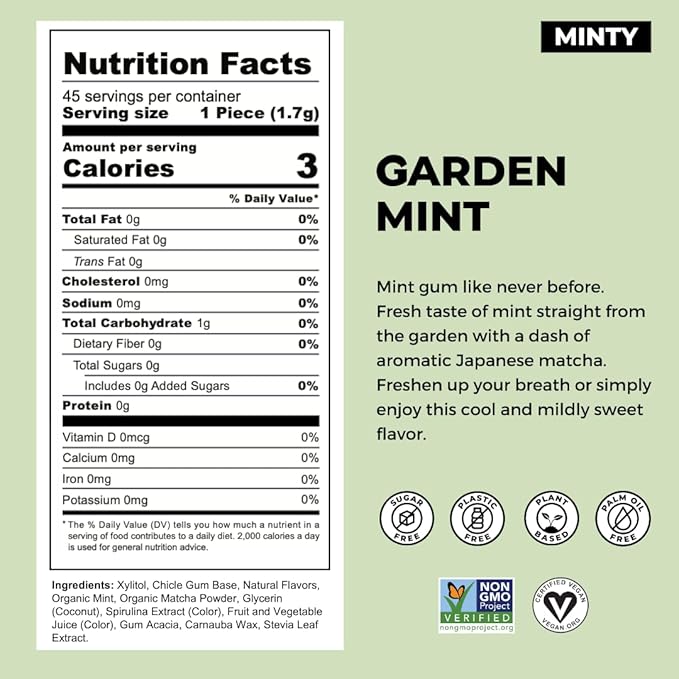 Refresh Gum, Xylitol, Natural, Sugar Free, Aspartame Free Chewing Gum, Plastic Free, Natural Flavors & Organic Ingredients, Plant-Based, Low Calorie, Non GMO, Gluten Free, Vegan, Garden Mint Flavor, 12 Pcs, 6 Pack