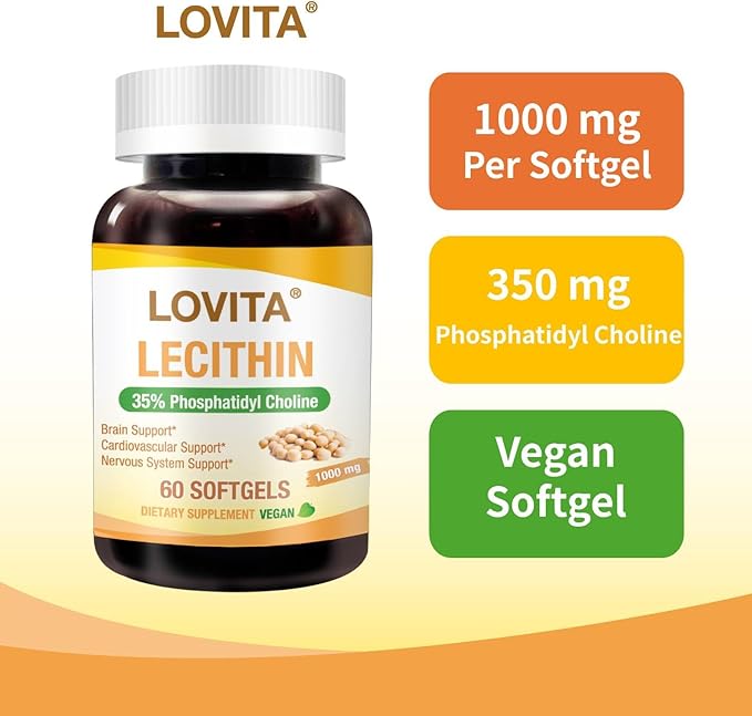 Lovita Lecithin, 1000mg per Softgel, 35% Phosphatidyl Choline | Lactation, Brain & Nerve Support | Vegan, Non-GMO, 60 Softgels (Pack of 3)