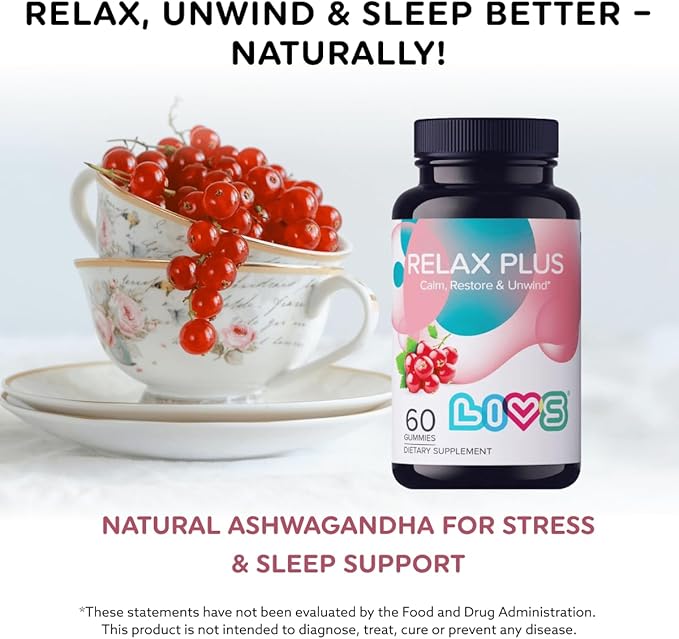Relax Plus Ashwagandha Gummies for Adults & Kids | Stress Relief & Calm Support with GABA, Lemon Balm & L-Glutamine | Enhance Mood & Cognition - Vegan, Gluten Free | Pomegranate Flavor - 90 ct